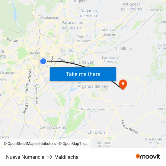 Nueva Numancia to Valdilecha map
