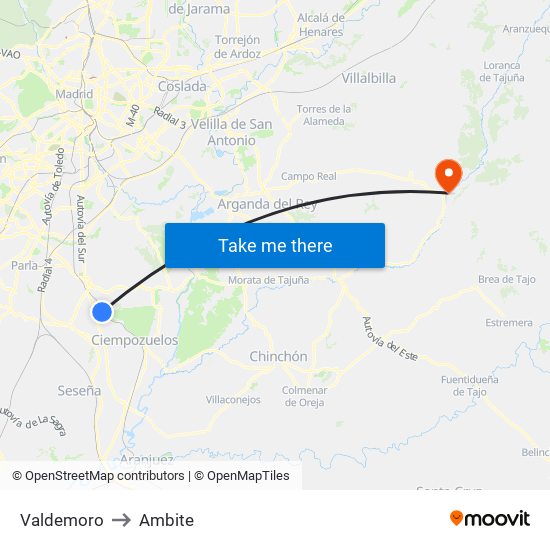 Valdemoro to Ambite map