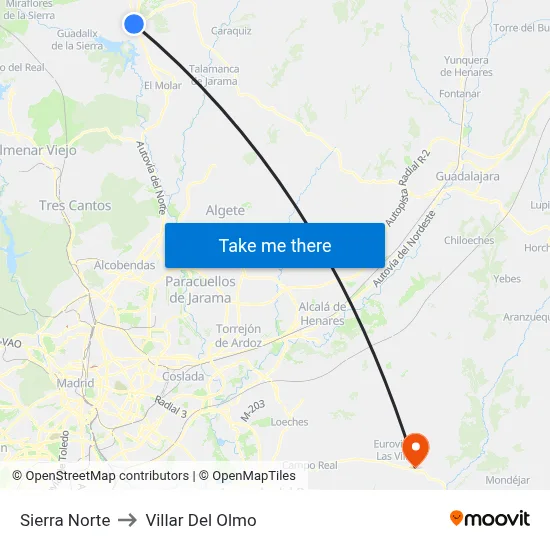 Sierra Norte to Villar Del Olmo map