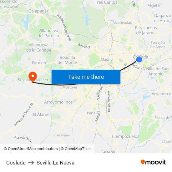 Coslada to Sevilla La Nueva map