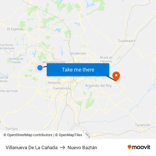 Villanueva De La Cañada to Nuevo Baztán map