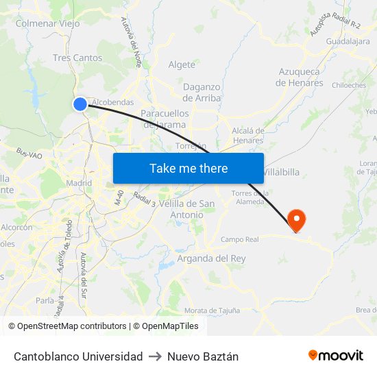 Cantoblanco Universidad to Nuevo Baztán map