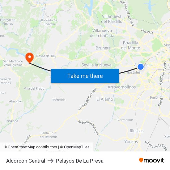 Alcorcón Central to Pelayos De La Presa map