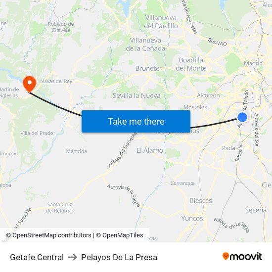 Getafe Central to Pelayos De La Presa map