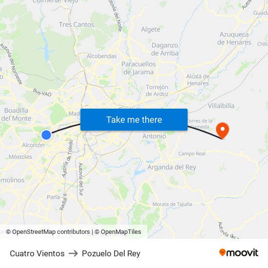 Cuatro Vientos to Pozuelo Del Rey map