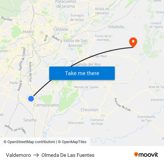 Valdemoro to Olmeda De Las Fuentes map