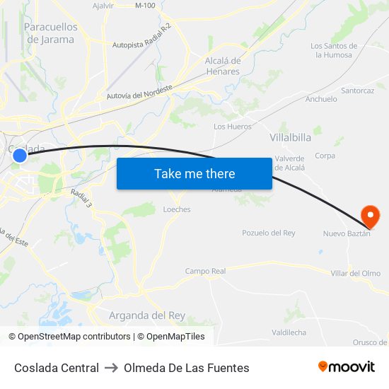 Coslada Central to Olmeda De Las Fuentes map