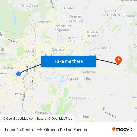 Leganés Central to Olmeda De Las Fuentes map