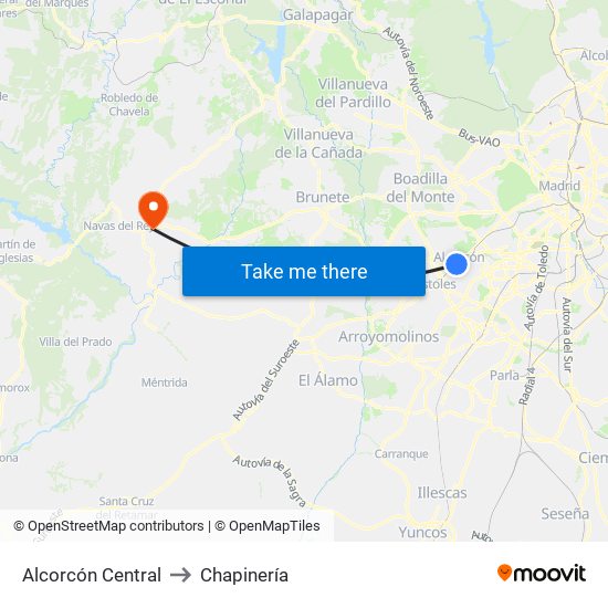 Alcorcón Central to Chapinería map