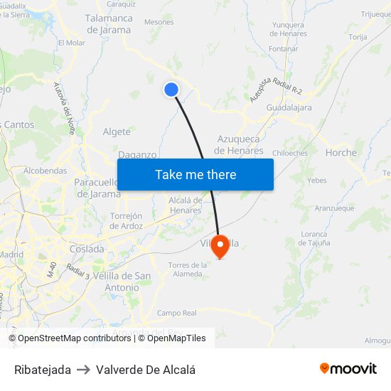 Ribatejada to Valverde De Alcalá map