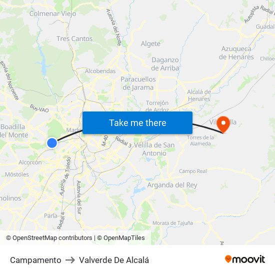 Campamento to Valverde De Alcalá map