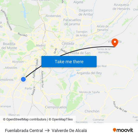 Fuenlabrada Central to Valverde De Alcalá map