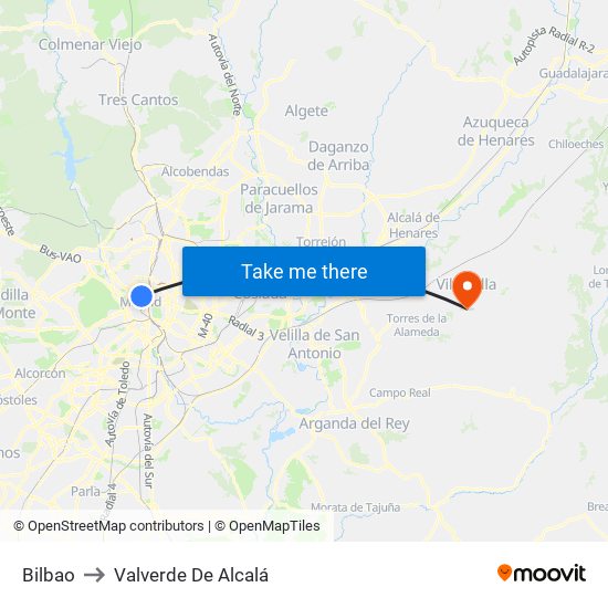 Bilbao to Valverde De Alcalá map