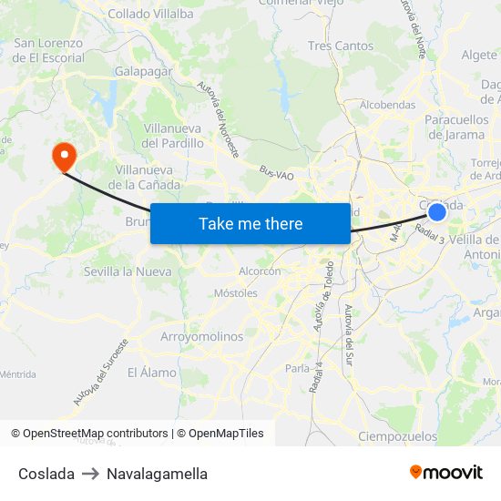 Coslada to Navalagamella map