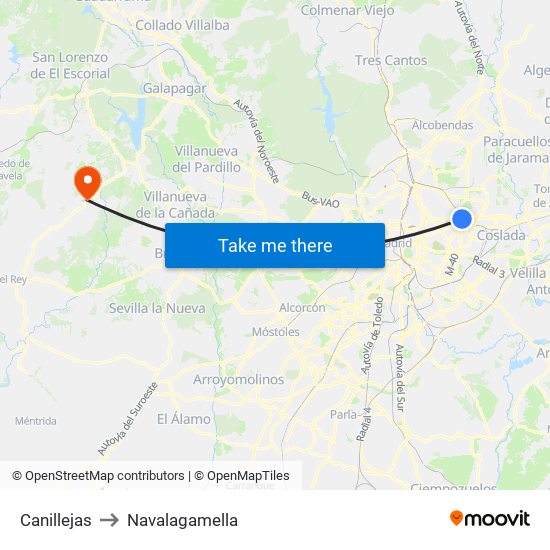 Canillejas to Navalagamella map