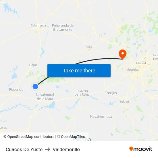 Cuacos De Yuste to Valdemorillo map