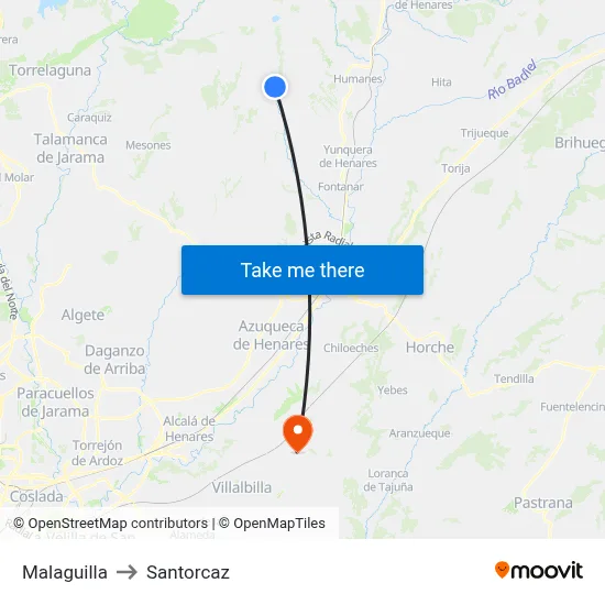 Malaguilla to Santorcaz map