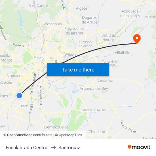 Fuenlabrada Central to Santorcaz map