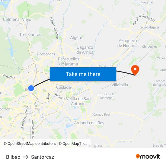 Bilbao to Santorcaz map
