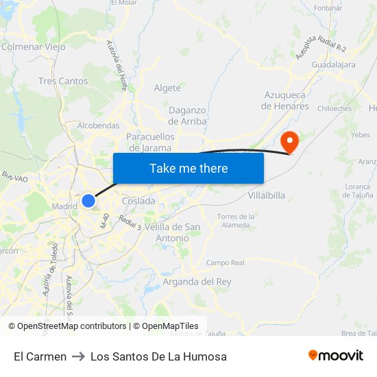 El Carmen to Los Santos De La Humosa map