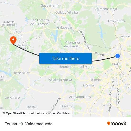 Tetuán to Valdemaqueda map