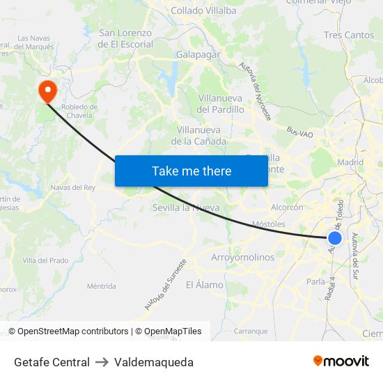 Getafe Central to Valdemaqueda map