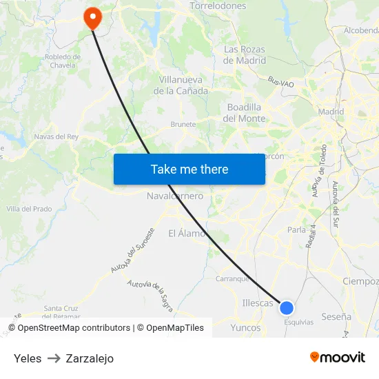 Yeles to Zarzalejo map