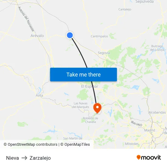 Nieva to Zarzalejo map