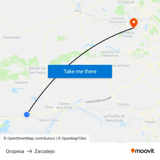Oropesa to Zarzalejo map