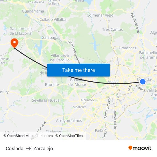 Coslada to Zarzalejo map