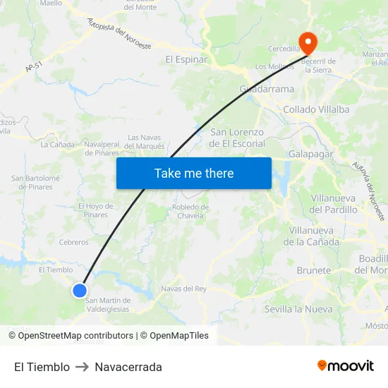 El Tiemblo to Navacerrada map