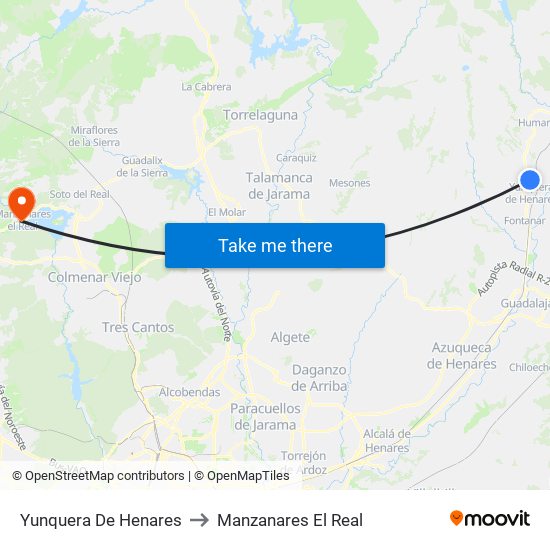 Yunquera De Henares to Manzanares El Real map
