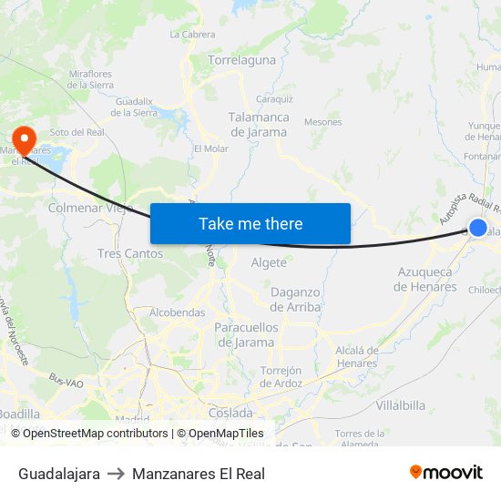 Guadalajara to Manzanares El Real map