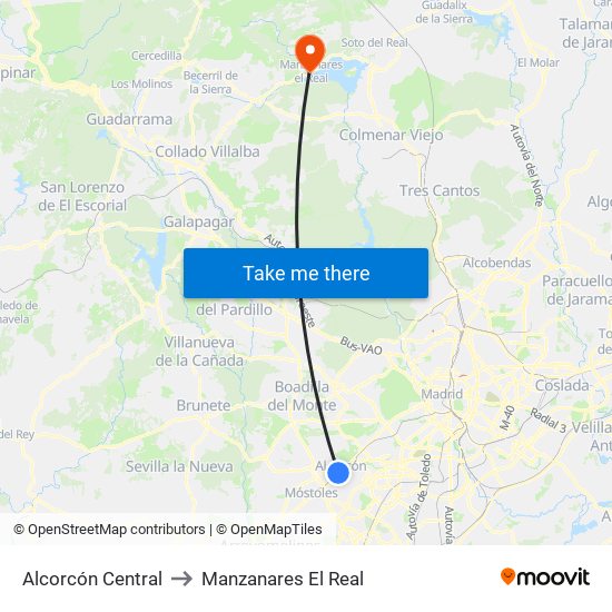 Alcorcón Central to Manzanares El Real map
