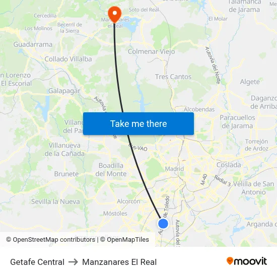 Getafe Central to Manzanares El Real map