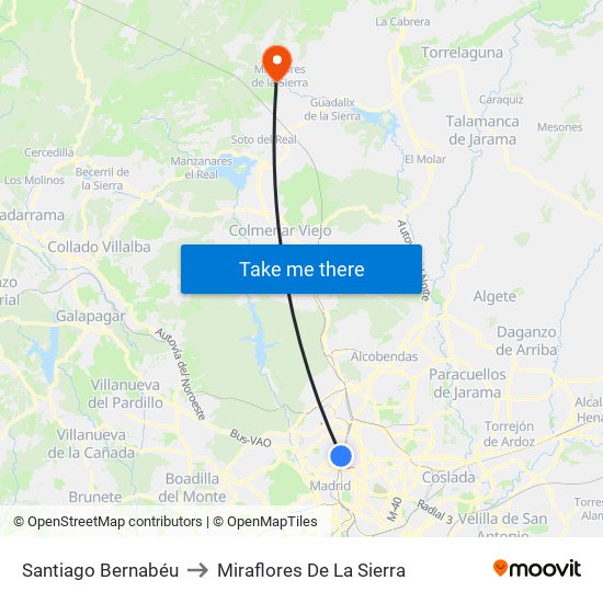 Santiago Bernabéu to Miraflores De La Sierra map