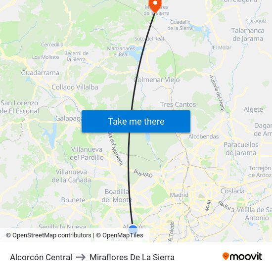 Alcorcón Central to Miraflores De La Sierra map