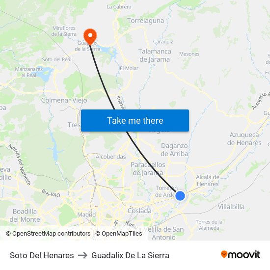 Soto Del Henares to Guadalix De La Sierra map