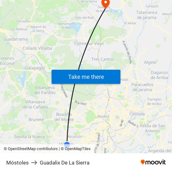 Móstoles to Guadalix De La Sierra map