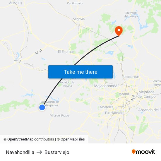 Navahondilla to Bustarviejo map