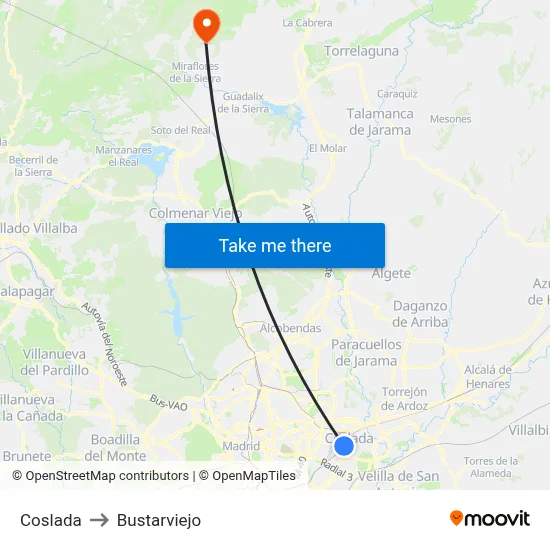 Coslada to Bustarviejo map