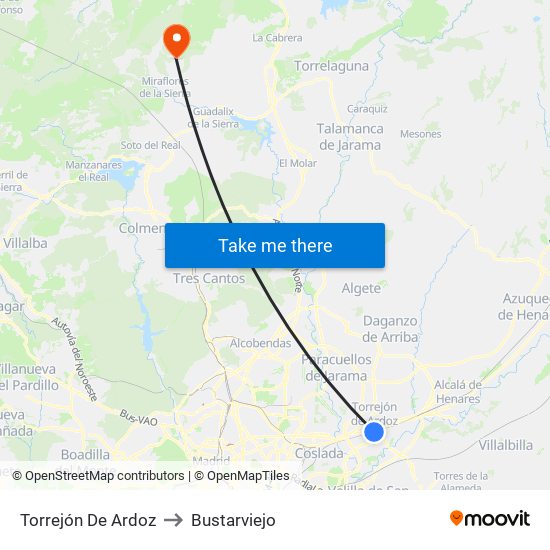 Torrejón De Ardoz to Bustarviejo map