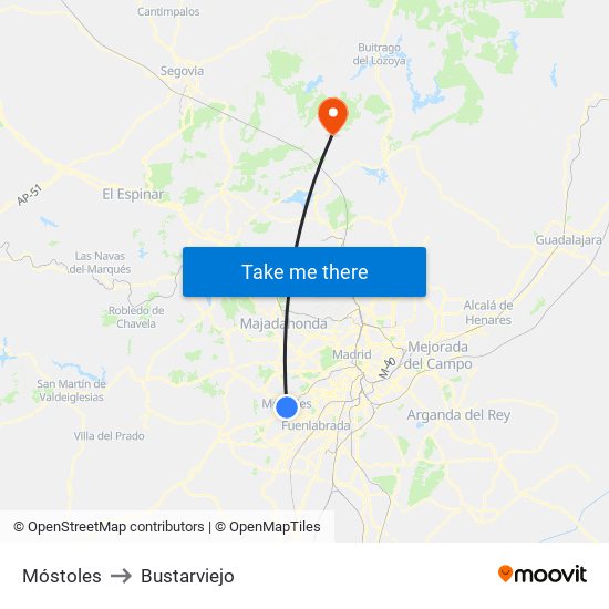Móstoles to Bustarviejo map