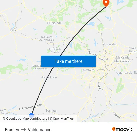 Erustes to Valdemanco map