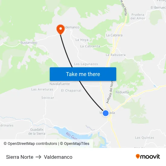 Sierra Norte to Valdemanco map