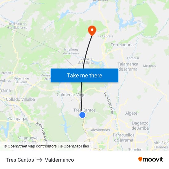 Tres Cantos to Valdemanco map