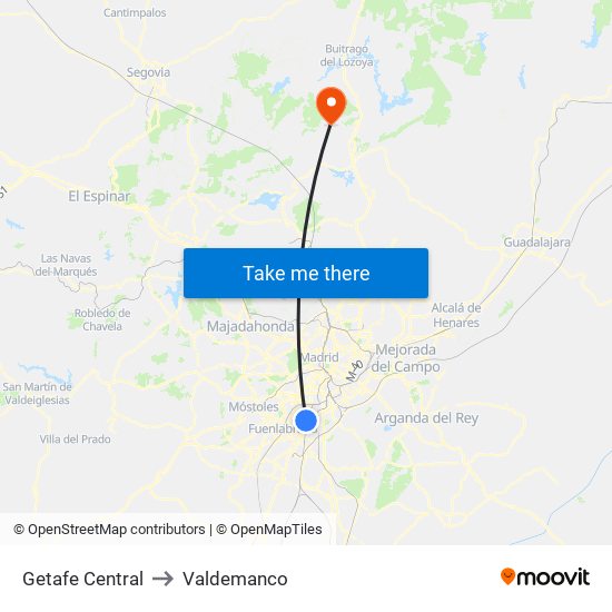 Getafe Central to Valdemanco map