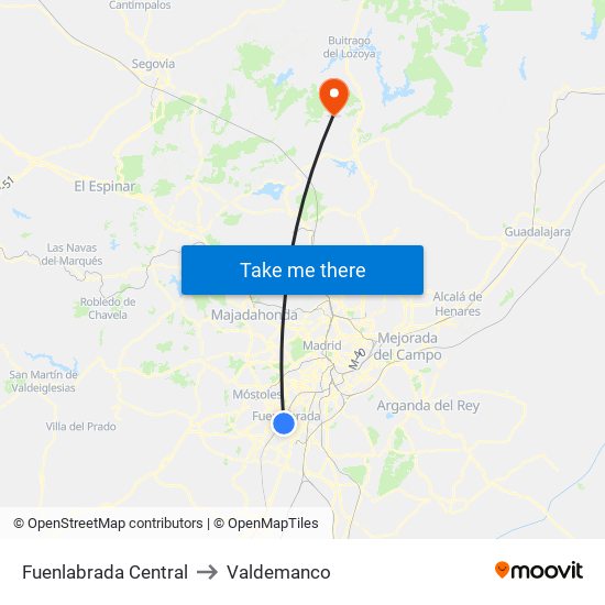 Fuenlabrada Central to Valdemanco map