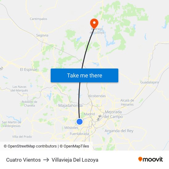 Cuatro Vientos to Villavieja Del Lozoya map