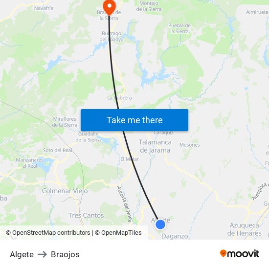 Algete to Braojos map